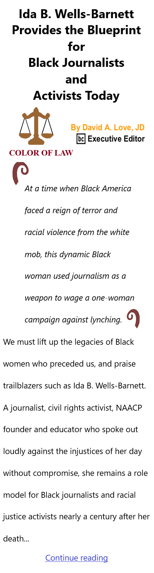 BlackCommentator.com October 23, 2025 - Issue 1060: Ida B. Wells-Barnett Provides the Blueprint for Black Journalists and Activists Today - Color of Law By David A. Love, JD, BC Executive Editor