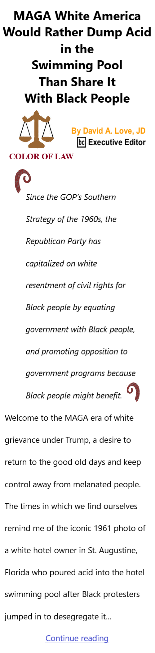 BlackCommentator.com October 30, 2025 - Issue 1061: MAGA White America Would Rather Dump Acid in the Swimming Pool Than Share It With Black People - Color of Law By David A. Love, JD, BC Executive Editor
