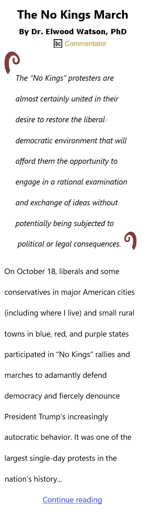 BlackCommentator.com October 30, 2025 - Issue 1061: The No Kings March By Dr. Elwood Watson, PhD BC Commentator