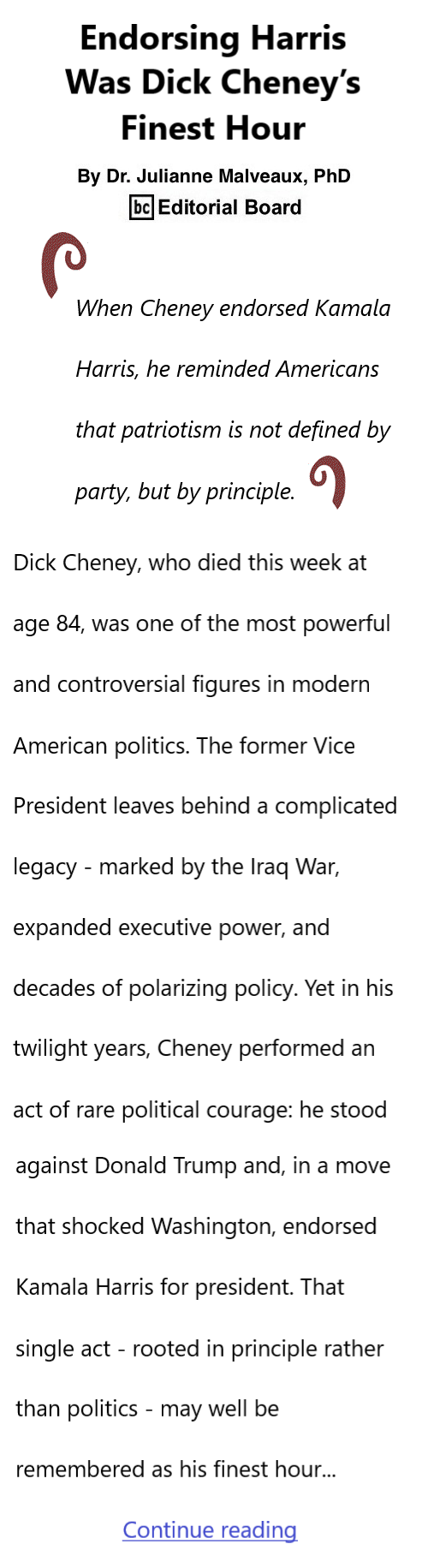 BlackCommentator.com November 6, 2025 - Issue 1062: Endorsing Harris Was Dick Cheney’s Finest Hour By Dr. Julianne Malveaux, PhD, BC Editorial Board