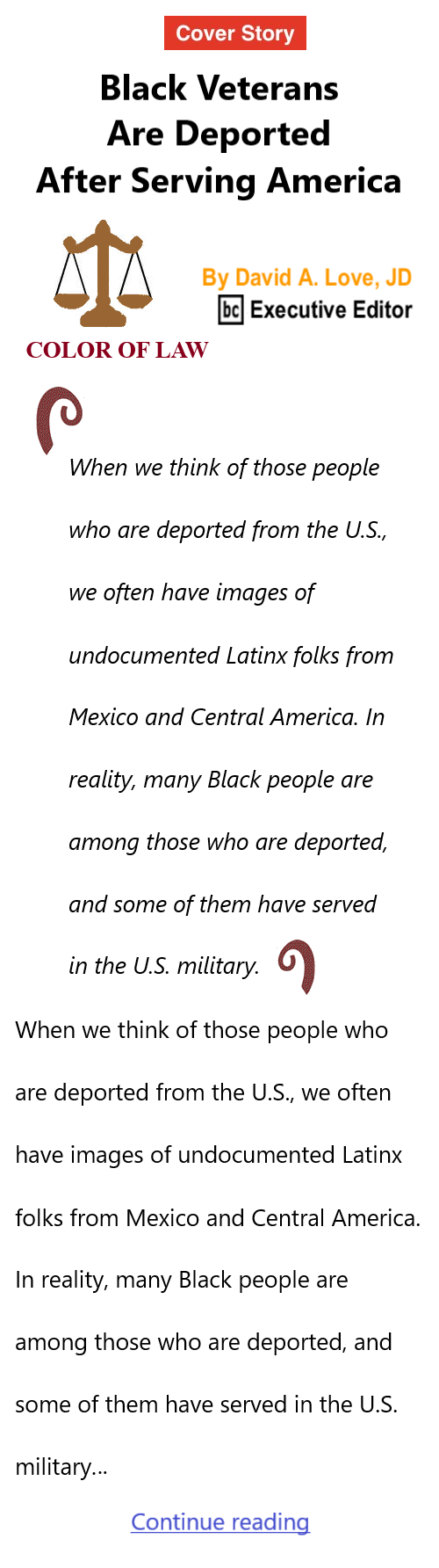 BlackCommentator.com November 13, 2025 - Issue 1063: Cover Story: Black Veterans Are Deported After Serving America - Color of Law By David A. Love, JD, BC Executive Editor