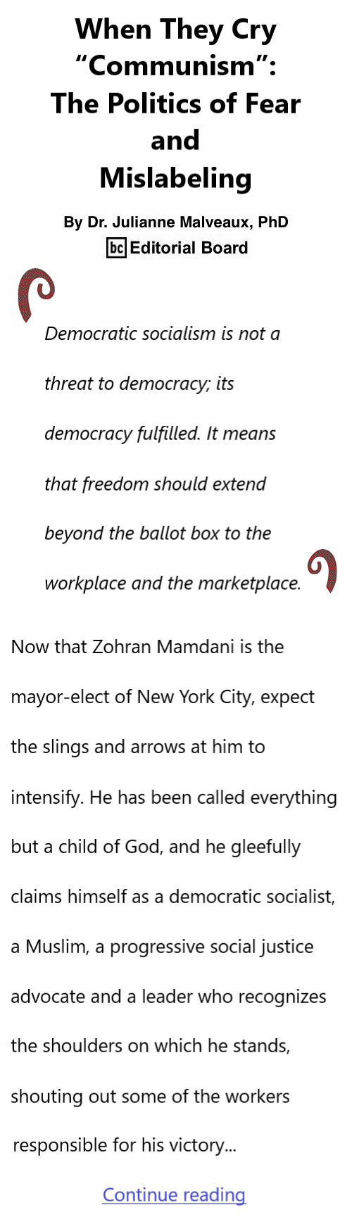 BlackCommentator.com November 13, 2025 - Issue 1063: When They Cry “Communism”: The Politics of Fear and Mislabeling By Dr. Julianne Malveaux, PhD, BC Editorial Board