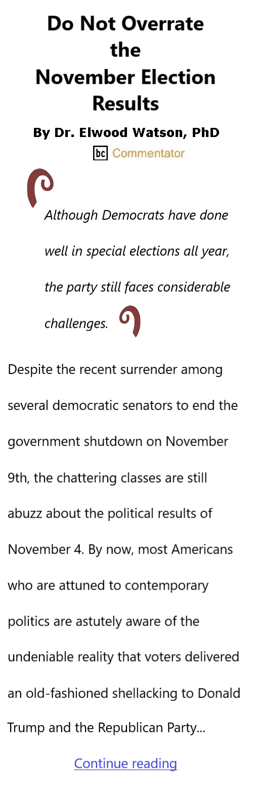 BlackCommentator.com November 13, 2025 - Issue 1063: Do Not Overrate the November Election Results By Dr. Elwood Watson, PhD BC Commentator