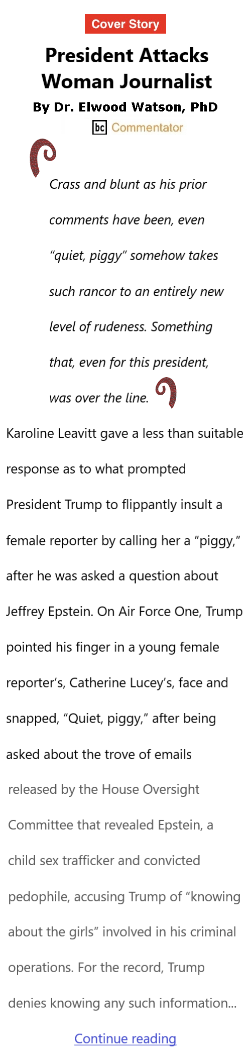 BlackCommentator.com December 4, 2025 - Issue 1066: Cover Story: President Attacks Woman Journalist By Dr. Elwood Watson, PhD BC Commentator
