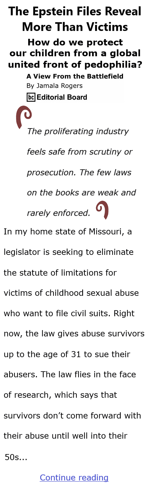BlackCommentator.com December 4, 2025 - Issue 1066: The Epstein Files Reveal More Than Victims - View from the Battlefield By Jamala Rogers, BC Editorial Board