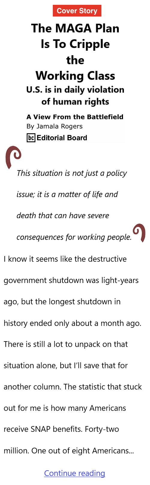 BlackCommentator.com December 11, 2025 - Issue 1067: Cover Story The MAGA Plan Is To Cripple the Working Class - View from the Battlefield By Jamala Rogers, BC Editorial Board