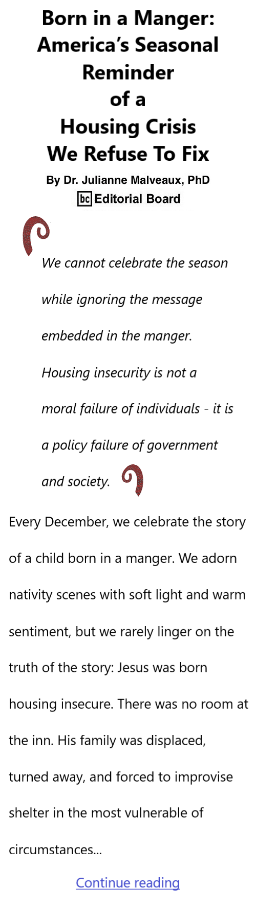 BlackCommentator.com December 11, 2025 - Issue 1067: Born in a Manger: America’s Seasonal Reminder of a Housing Crisis We Refuse To Fix By Dr. Julianne Malveaux, PhD, BC Editorial Board