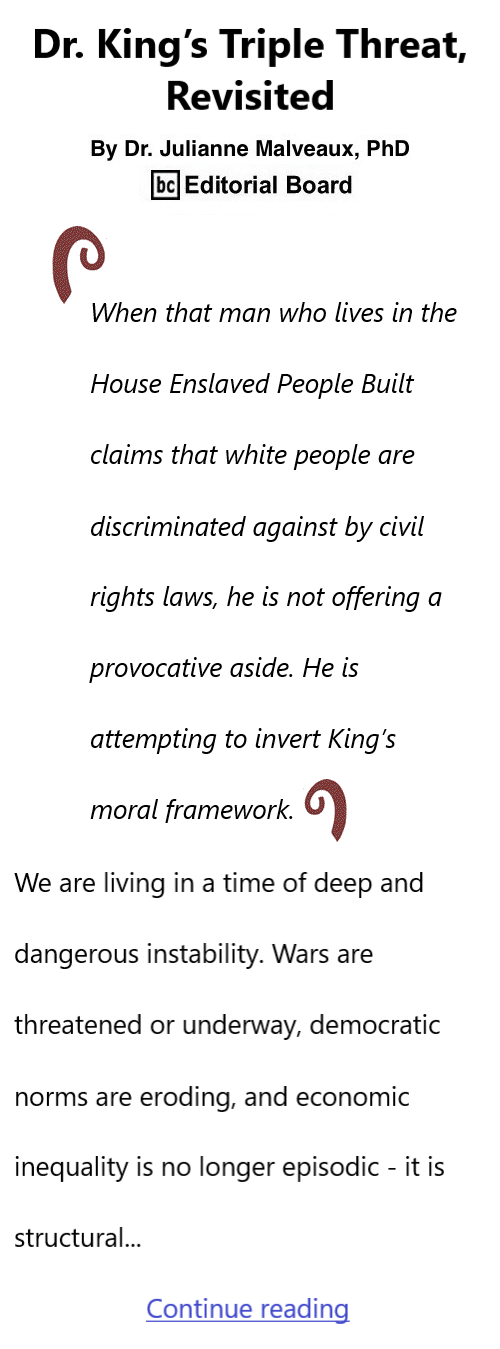 BlackCommentator.com January 15, 2026 - Issue 1070: Dr. King’s Triple Threat, Revisited By Dr. Julianne Malveaux, PhD, BC Editorial Board