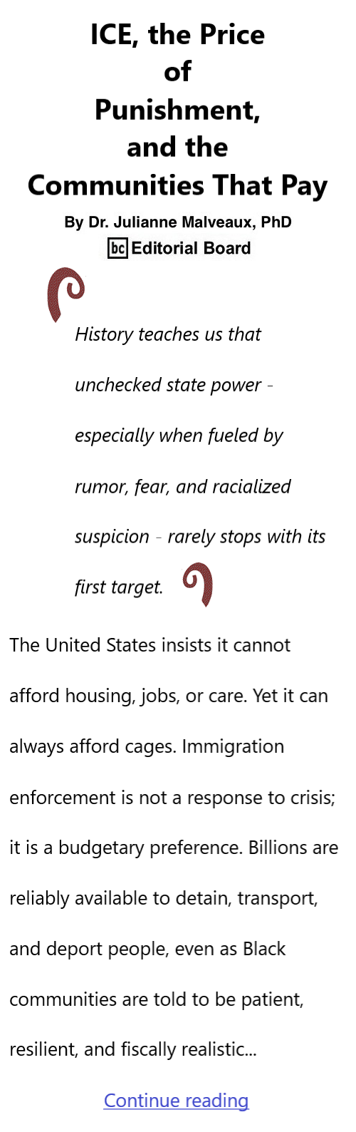 BlackCommentator.com January 22, 2026 - Issue 1071: ICE, the Price of Punishment, and the Communities That Pay By Dr. Julianne Malveaux, PhD, BC Editorial Board