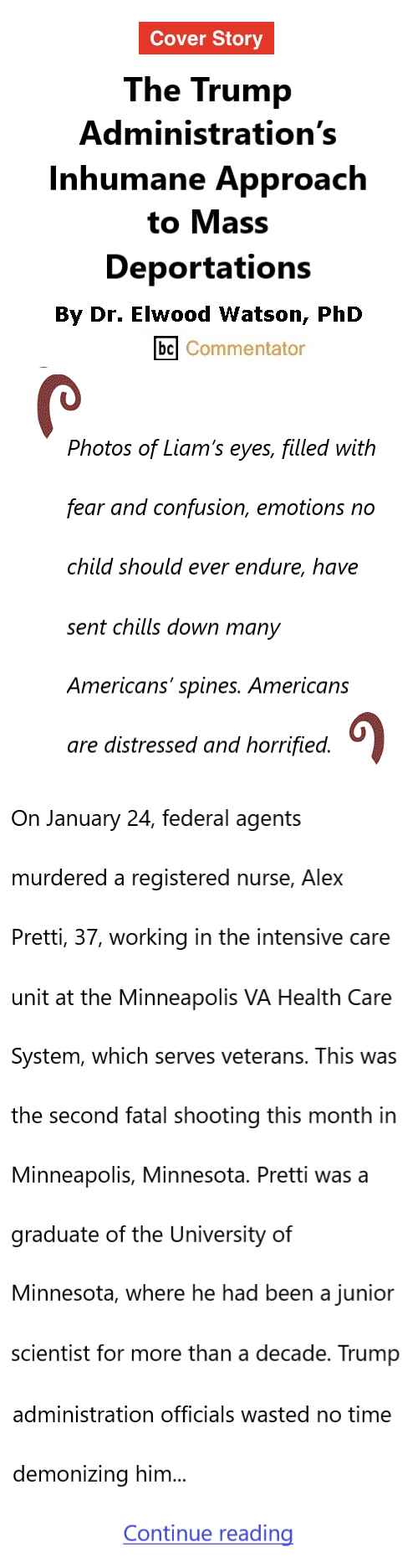 BlackCommentator.com January 29, 2026 - Issue 1072: Cover Story: The Trump Administration’s Inhumane Approach to Mass Deportations By Dr. Elwood Watson, PhD BC Commentator