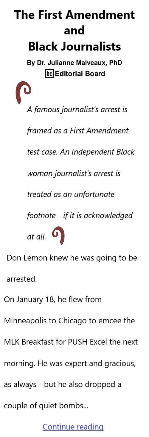BlackCommentator.com February 5, 2026 - Issue 1073: The First Amendment and Black Journalists By Dr. Julianne Malveaux, PhD, BC Editorial Board