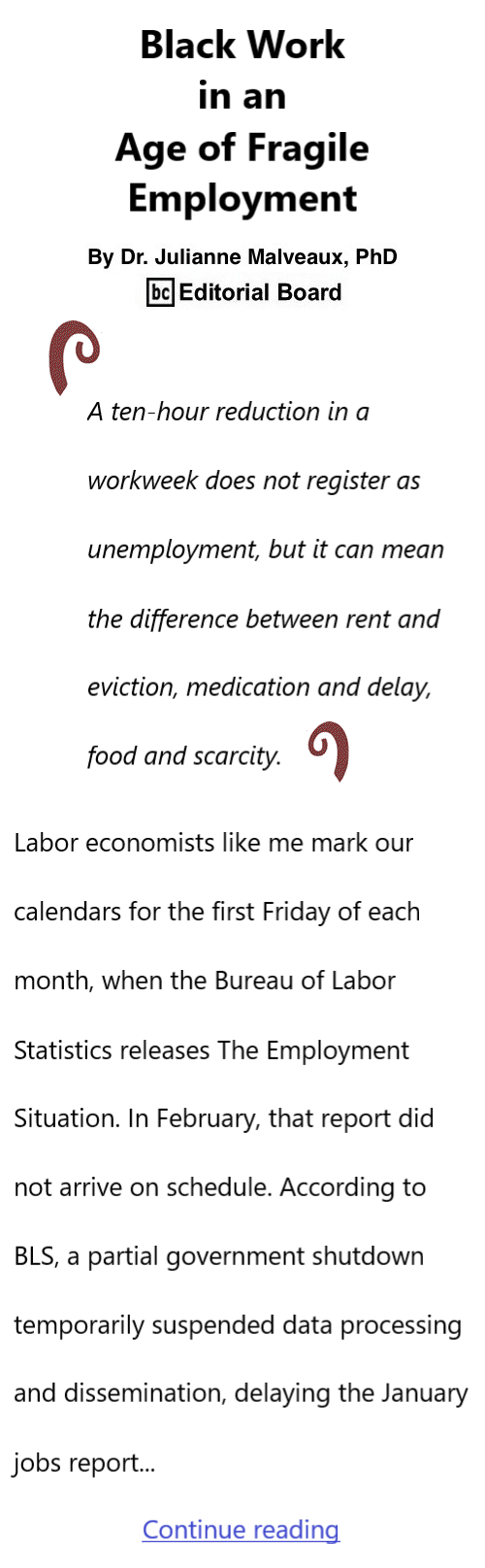 BlackCommentator.com February 12, 2026 - Issue 1074: Black Work in an Age of Fragile Employment By Dr. Julianne Malveaux, PhD, BC Editorial Board