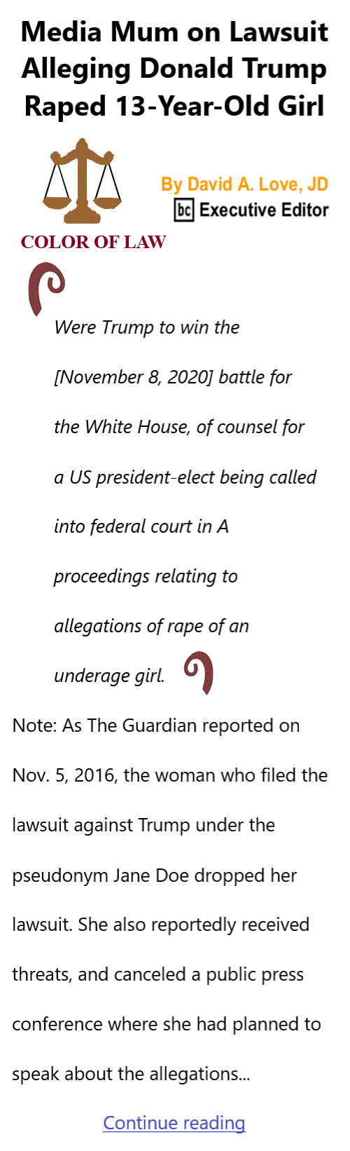 BlackCommentator.com February 19, 2026 - Issue 1075: Media Mum on Lawsuit Alleging Donald Trump Raped 13-Year-Old Girl - Color of Law By David A. Love, JD, BC Executive Editor