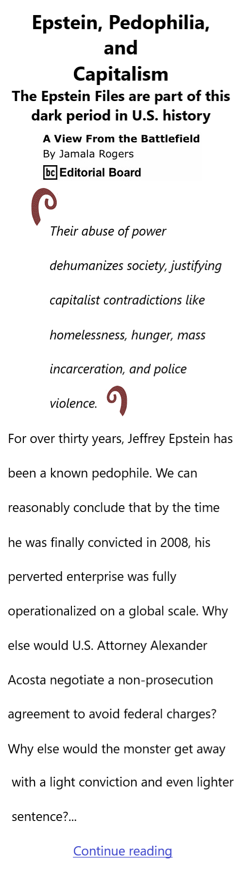 BlackCommentator.com February 26, 2026 - Issue 1076: Epstein, Pedophilia, and Capitalism - View from the Battlefield By Jamala Rogers, BC Editorial Board