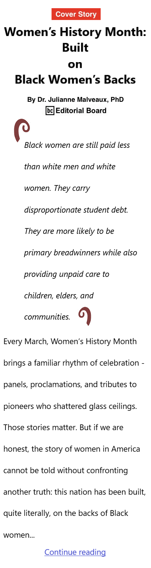 BlackCommentator.com March 5, 2026 - Issue 1077: Cover Story - Women’s History Month: Built on Black Women’s Backs By Dr. Julianne Malveaux, PhD, BC Editorial Board