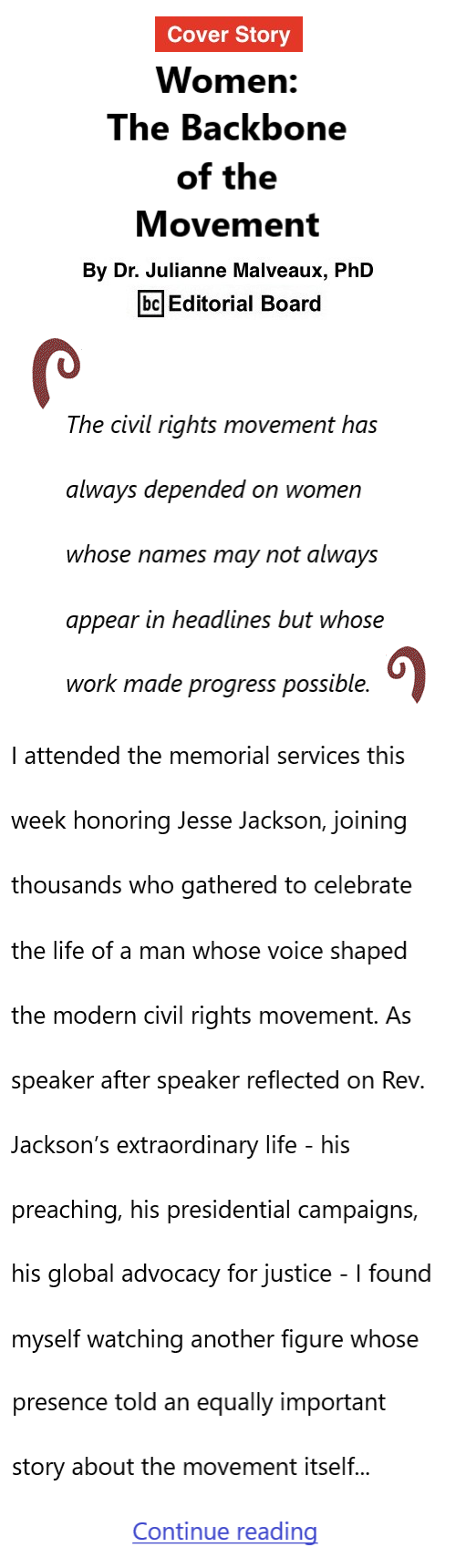 BlackCommentator.com March 12, 2026 - Issue 1078: Cover Story: Women’s History Month - Women: The Backbone of the Movement By Dr. Julianne Malveaux, PhD, BC Editorial Board