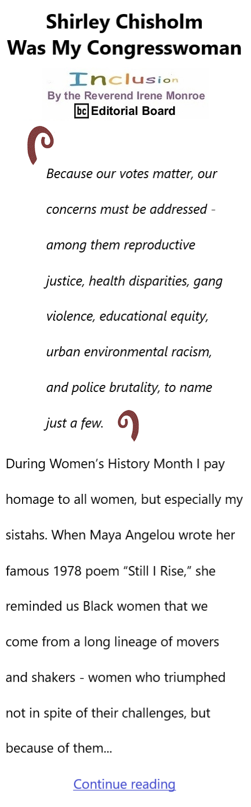 BlackCommentator.com March 12, 2026 - Issue 1078: Women’s History Month - Shirley Chisholm Was My Congresswoman - Inclusion By The Reverend Irene Monroe, BC Editorial Board