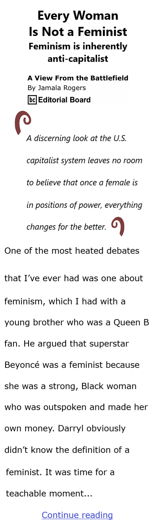 BlackCommentator.com March 19, 2026 - Issue 1079: Every Woman Is Not a Feminist - View from the Battlefield By Jamala Rogers, BC Editorial Board