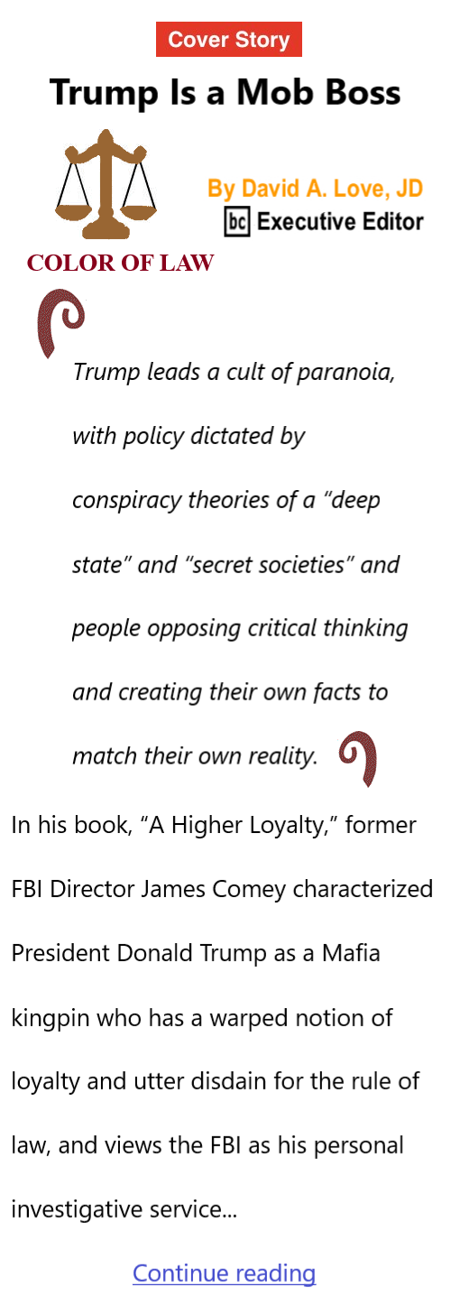 BlackCommentator.com March 26, 2026 - Issue 1080: Cover Story: Trump Is a Mob Boss Color of Law By David A. Love, JD  BC Executive Editor 