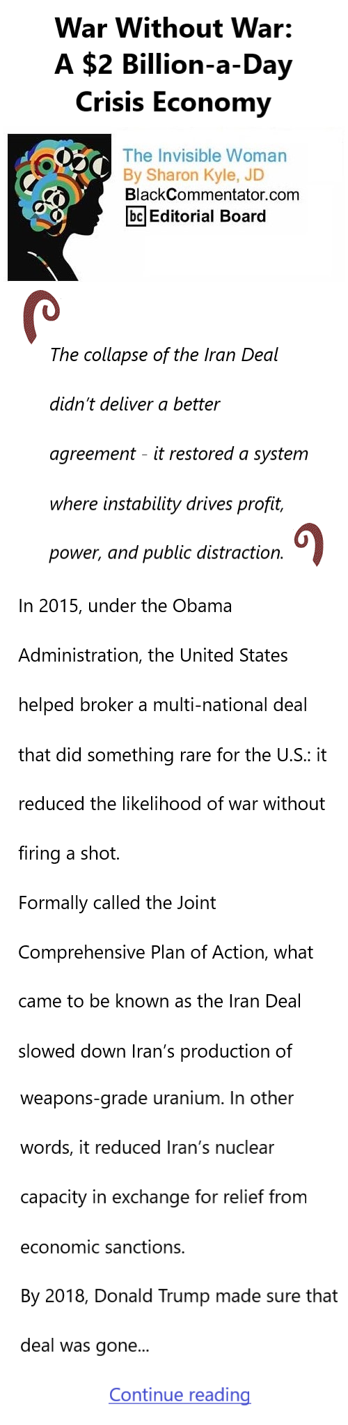 BlackCommentator.com March 26, 2026 - Issue 1080: War Without War: A $2 Billion-a-Day Crisis Economy - The Invisible Woman - By Sharon Kyle, JD, BC Editorial Board