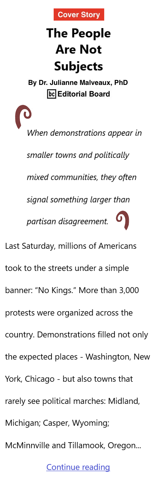 BlackCommentator.com April 2, 2026 - Issue 1081: Cover Story: The People Are Not Subjects By Dr. Julianne Malveaux, PhD, BC Editorial Board