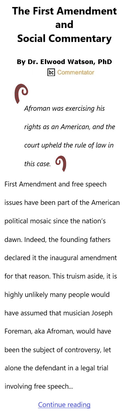 BlackCommentator.com April 2, 2026 - Issue 1081: The First Amendment and Social Commentary By Dr. Elwood Watson, PhD BC Commentator