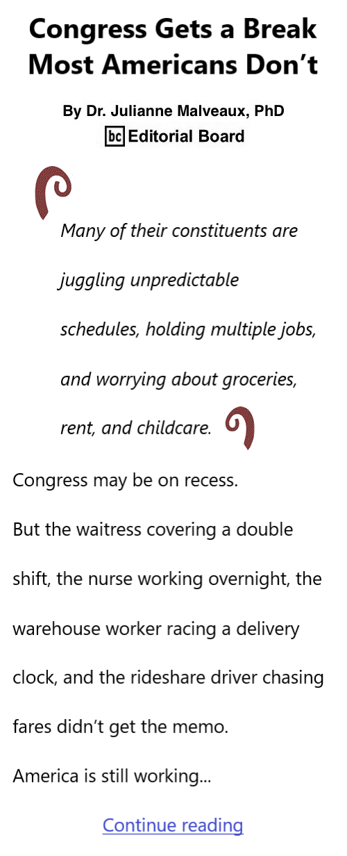BlackCommentator.com April 9, 2026 - Issue 1082: Congress Gets a Break – Most Americans Don’t By Dr. Julianne Malveaux, PhD, BC Editorial Board