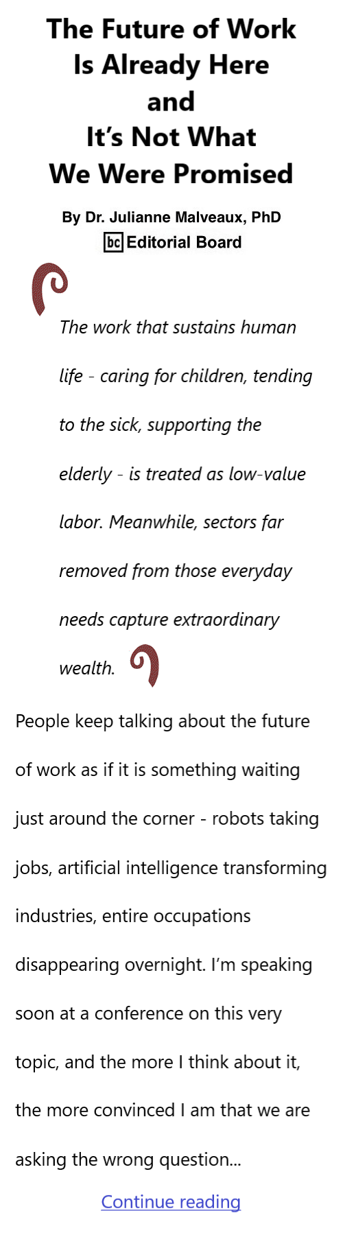 BlackCommentator.com April 16, 2026 - Issue 1083: The Future of Work Is Already Here—and It’s Not What We Were Promised By Dr. Julianne Malveaux, PhD, BC Editorial Board