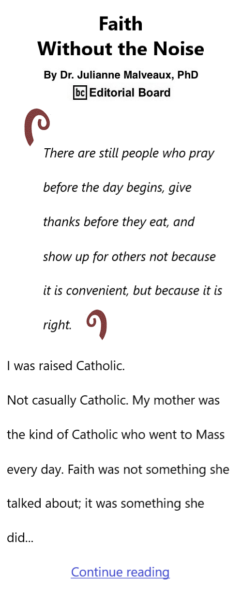 BlackCommentator.com April 23, 2026 - Issue 1084: Faith Without the Noise By Dr. Julianne Malveaux, PhD, BC Editorial Board