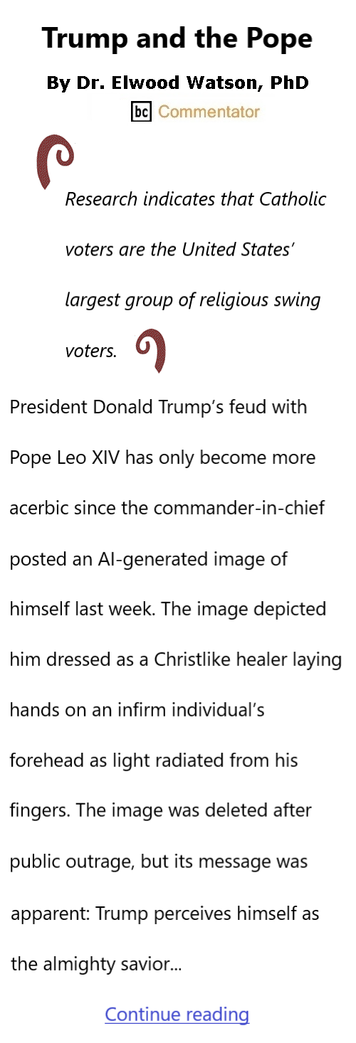 BlackCommentator.com April 23, 2026 - Issue 1084: Trump and the Pope By Dr. Elwood Watson, PhD BC Commentator