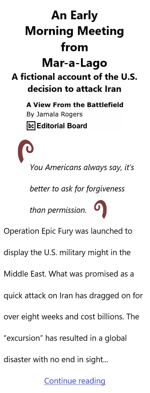 BlackCommentator.com April 30, 2026 - Issue 1085: An Early Morning Meeting from Mar-a-Lago - View from the Battlefield By Jamala Rogers, BC Editorial Board