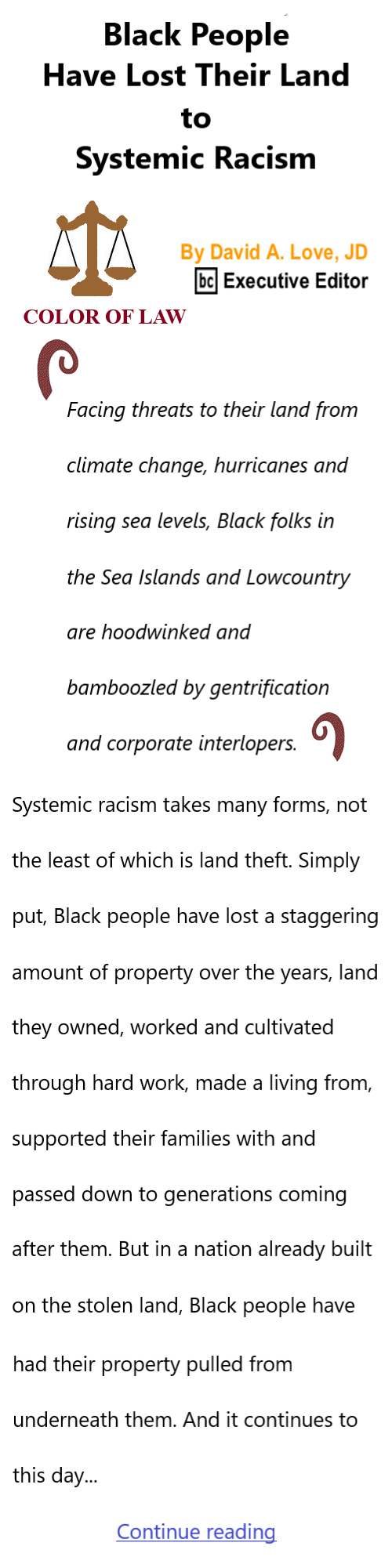 BlackCommentator.com May 7, 2026 - Issue 1086: Black People Have Lost Their Land to Systemic Racism - Color of Law By David A. Love, JD, BC Executive Editor