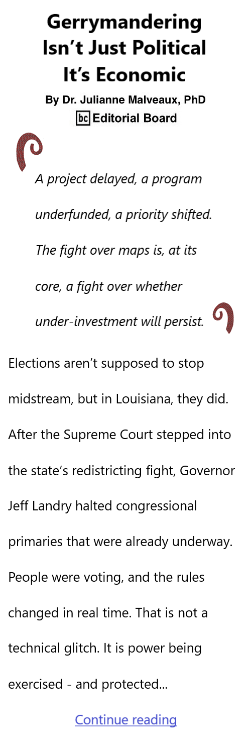 BlackCommentator.com May 7, 2026 - Issue 1086: Gerrymandering Isn’t Just Political—It’s Economic By Dr. Julianne Malveaux, PhD, BC Editorial Board
