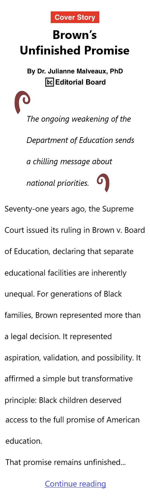 BlackCommentator.com May 21, 2026 - Issue 1088: Cover Story: Brown’s Unfinished Promise By Dr. Julianne Malveaux, PhD, BC Editorial Board