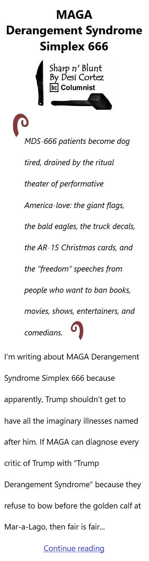 BlackCommentator.com May 21, 2026 - Issue 1088: MAGA Derangement Syndrome Simplex 666 - Sharp n' Blunt By Desi Cortez, BC Columnist