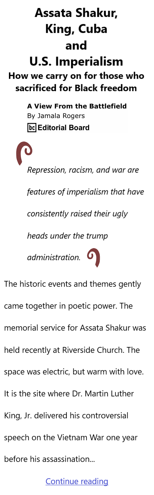 BlackCommentator.com June 11, 2026 - Issue 1089: Assata Shakur, King, Cuba and U.S. Imperialism - View from the Battlefield By Jamala Rogers, BC Editorial Board