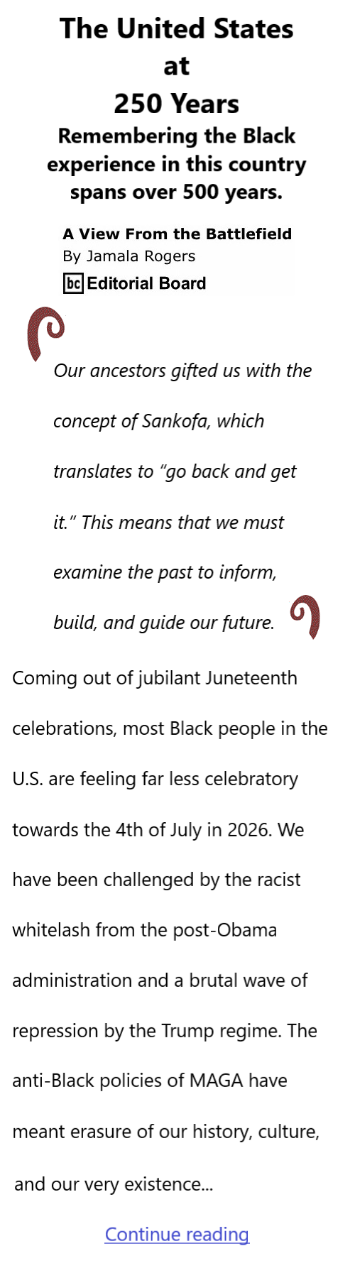 BlackCommentator.com June 25, 2026 - Issue 1091: The United States at 250 Years - View from the Battlefield By Jamala Rogers, BC Editorial Board