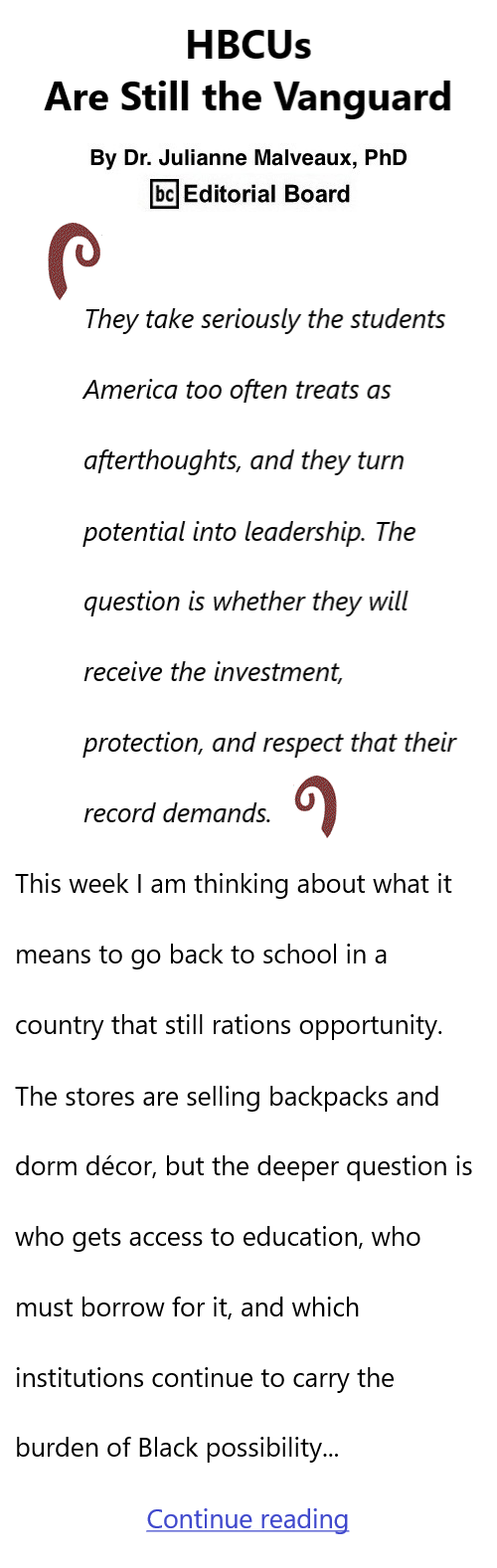 BlackCommentator.com July 9, 2026 - Issue 1093: HBCUs Are Still the Vanguard By Dr. Julianne Malveaux, PhD, BC Editorial Board