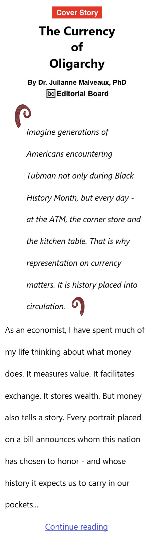 BlackCommentator.com July 16, 2026 - Issue 1094: Cover Story - The Currency of Oligarchy By Dr. Julianne Malveaux, PhD, BC Editorial Board