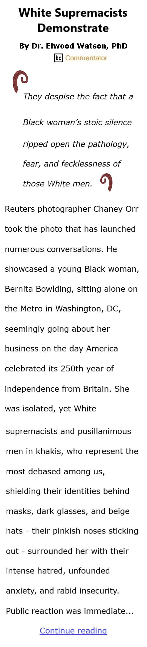 BlackCommentator.com July 16, 2026 - Issue 1094: White Supremacists Demonstrate By Dr. Elwood Watson, PhD