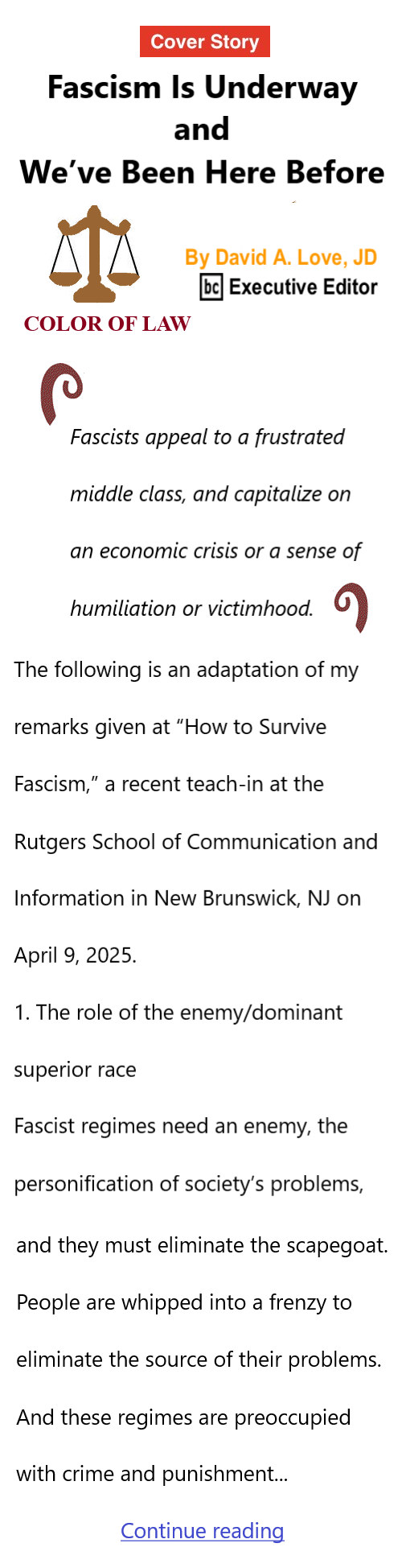 BlackCommentator.com July 23, 2026 - Issue 1095: Cover Story: Fascism Is Underway, and We’ve Been Here Before - Color of Law By David A. Love, JD, BC Executive Editor 