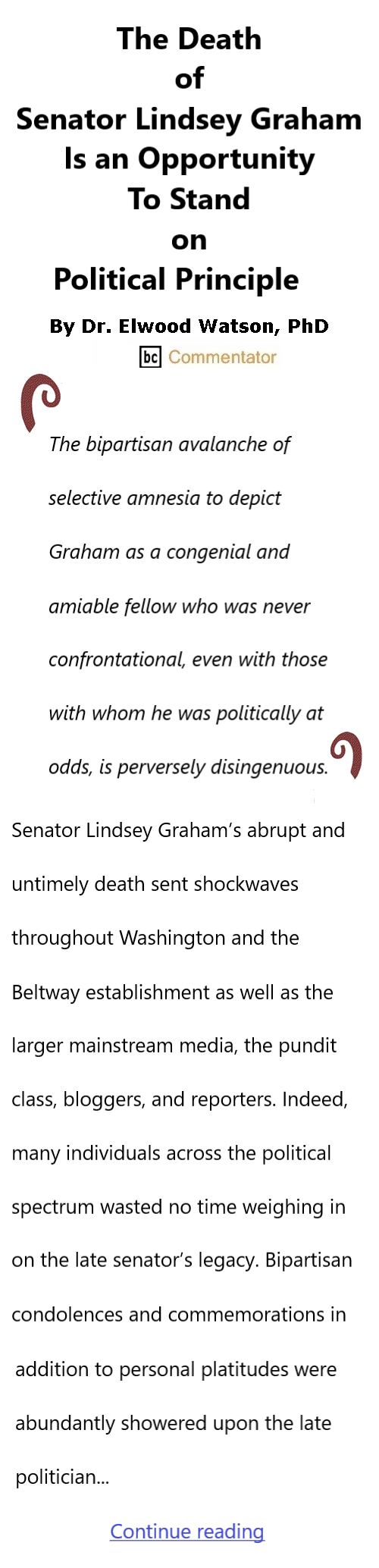 BlackCommentator.com July 23, 2026 - Issue 1095: The Death of Senator Lindsey Graham Is an Opportunity To Stand on Political Principle By Dr. Elwood Watson, PhD BC Commentator