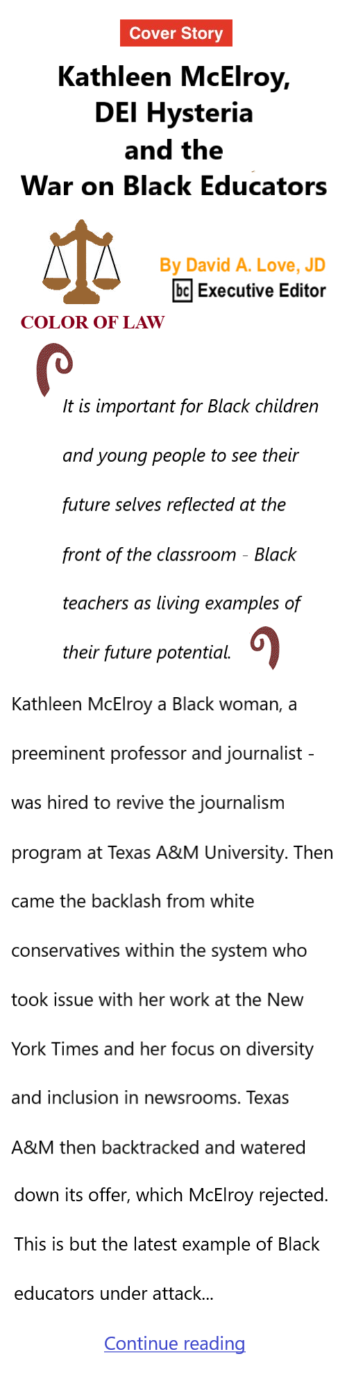 BlackCommentator.com July 30, 2026 - Issue 1096: Cover Story - Kathleen McElroy, DEI Hysteria and the War on Black Educators By David A. Love, JD, BC Executive Editor  