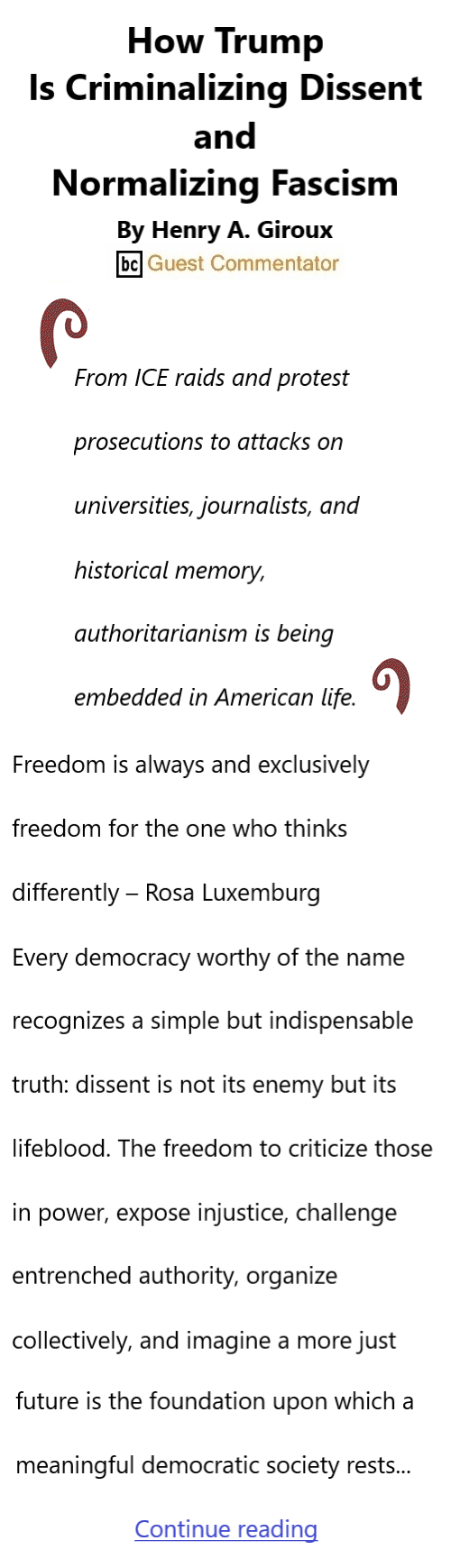 BlackCommentator.com July 30, 2026 - Issue 1096: How Trump Is Criminalizing Dissent and Normalizing Fascism  By Henry A. Giroux, BC Guest Commentator