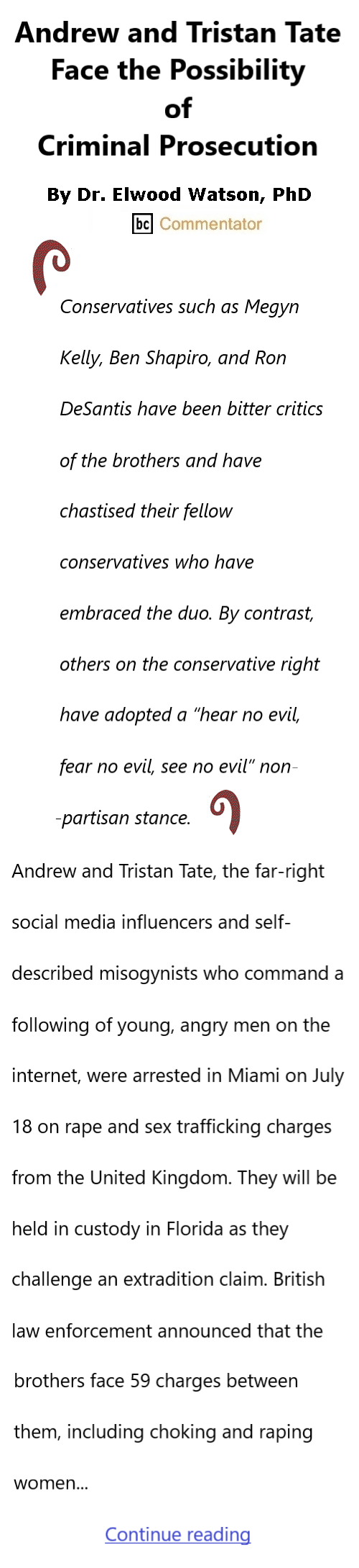 BlackCommentator.com July 30, 2026 - Issue 1096: Andrew and Tristan Tate Face the Possibility of Criminal Prosecution By Dr. Elwood Watson, PhD BC Commentator