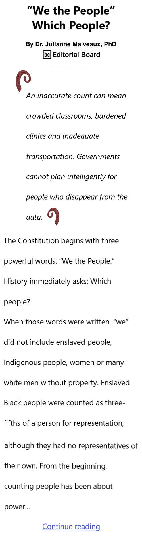 BlackCommentator.com September 19, 2026 - Issue 1098: “We the People” - Which People? By Dr. Julianne Malveaux, PhD, BC Editorial Board