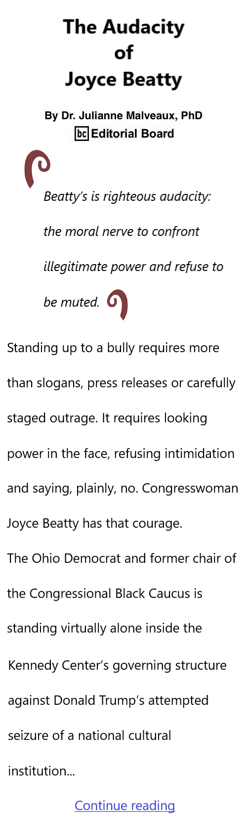 BlackCommentator.com October 1, 2026 - Issue 1100: The Audacity of Joyce Beatty By Dr. Julianne Malveaux, PhD, BC Editorial Board