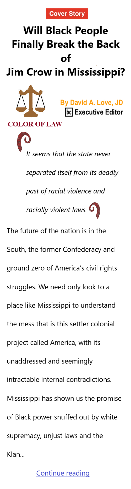 BlackCommentator.com October 17, 2026 - Issue 1101: Will Black People Finally Break the Back of Jim Crow in Mississippi? - Color of Law By David A. Love, JD, BC Executive Editor