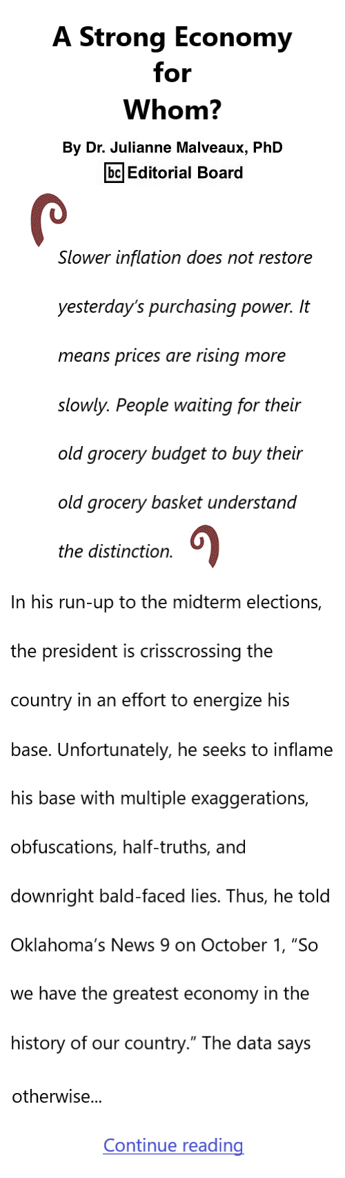 BlackCommentator.com October 8, 2026 - Issue 1101: A Strong Economy for Whom? By Dr. Julianne Malveaux, PhD, BC Editorial Board