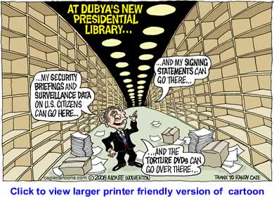 Political Cartoon: Dubyas New Library By Monte Wolverton, Cagle Cartoons